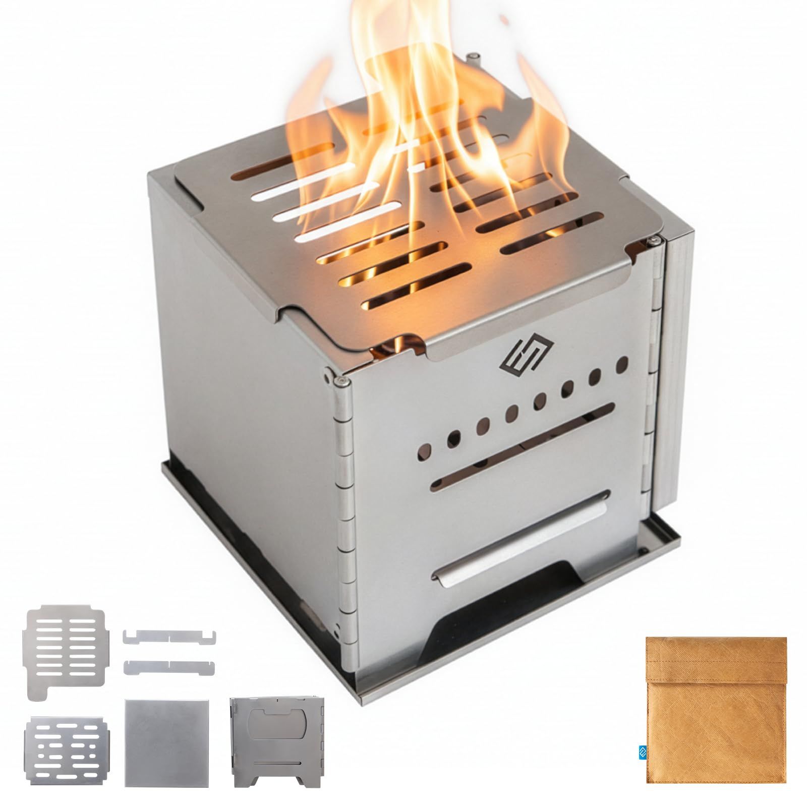 ★新品★COOK'N'ESCAPE ウッドストーブ 二次燃焼 焚き火台 ソロ 軽量コンパクト 薪ストーブ チタン焼き板付き | 430ステンレス製ゴトク付き 折りたたみ式 超軽量515g コンパクト収納 薪 炭 固形燃料 アルコール対応 防災 870a5e37