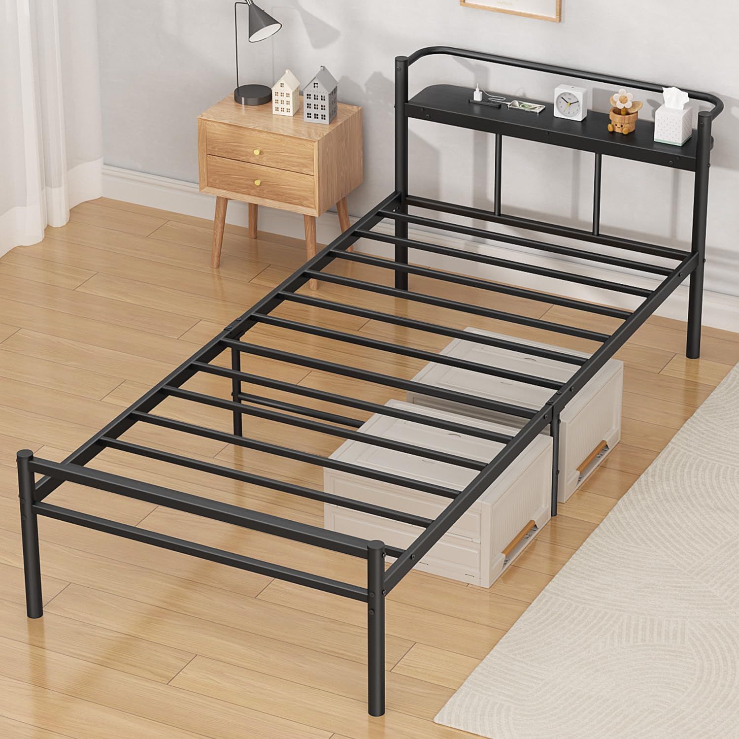 PRTONE ベッドフレーム シングル 2口コンセント付き シングルベッド 宮棚付き bed frame single スチール制 耐荷重300Kg 7,840円