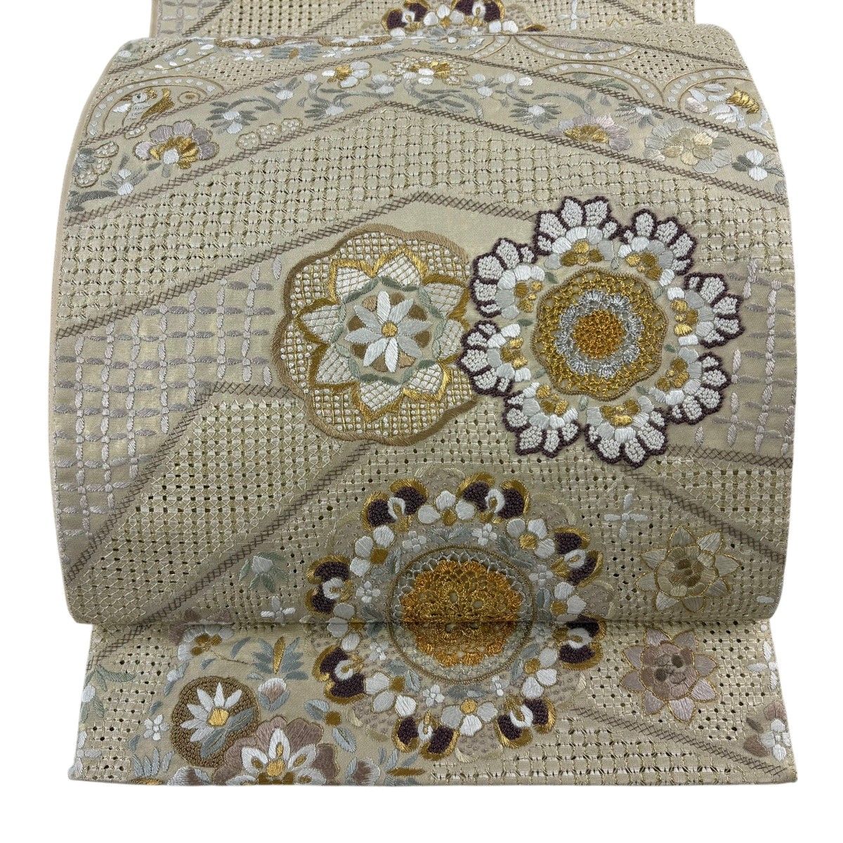 袋帯 逸品 華文 草花 刺繍 金糸 ベージュ 六通 正絹 【中古】