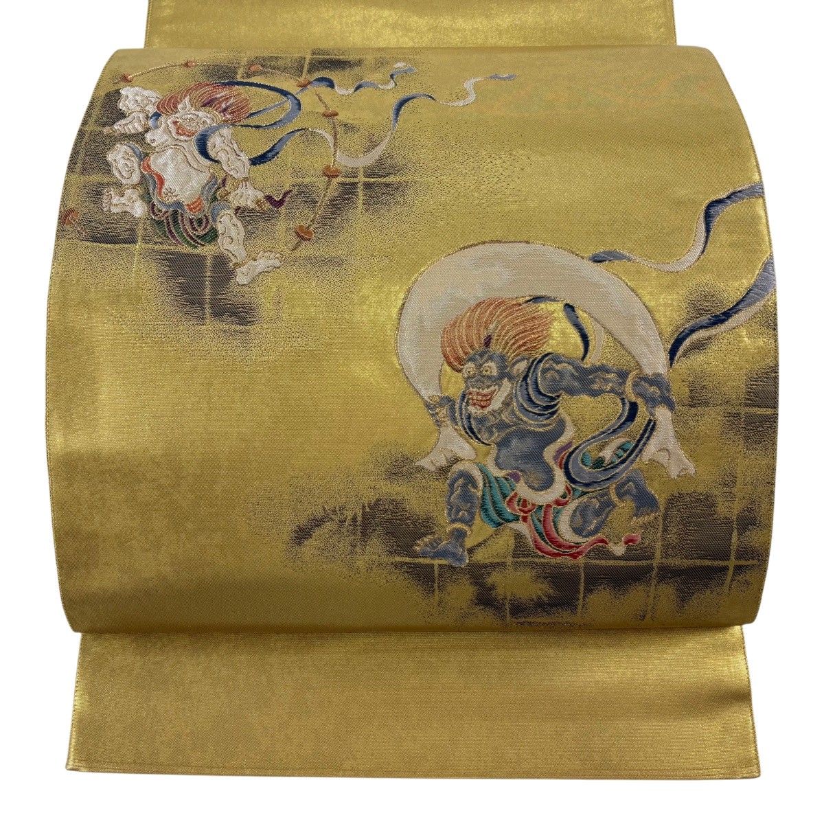 【美品】 袋帯 逸品 落款 風神 雷神 箔 金糸 金色 お太鼓柄 正絹 【中古】