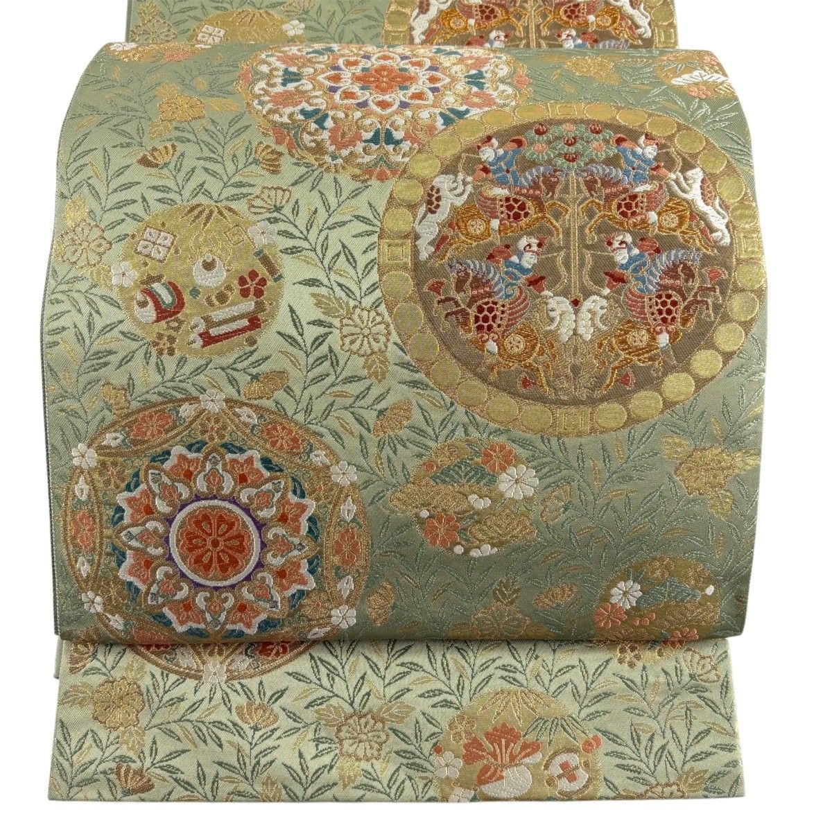【美品】 袋帯 秀品 服部織物 落款 狩猟文 華文 金糸 箔 抹茶色 六通 正絹 【中古】
