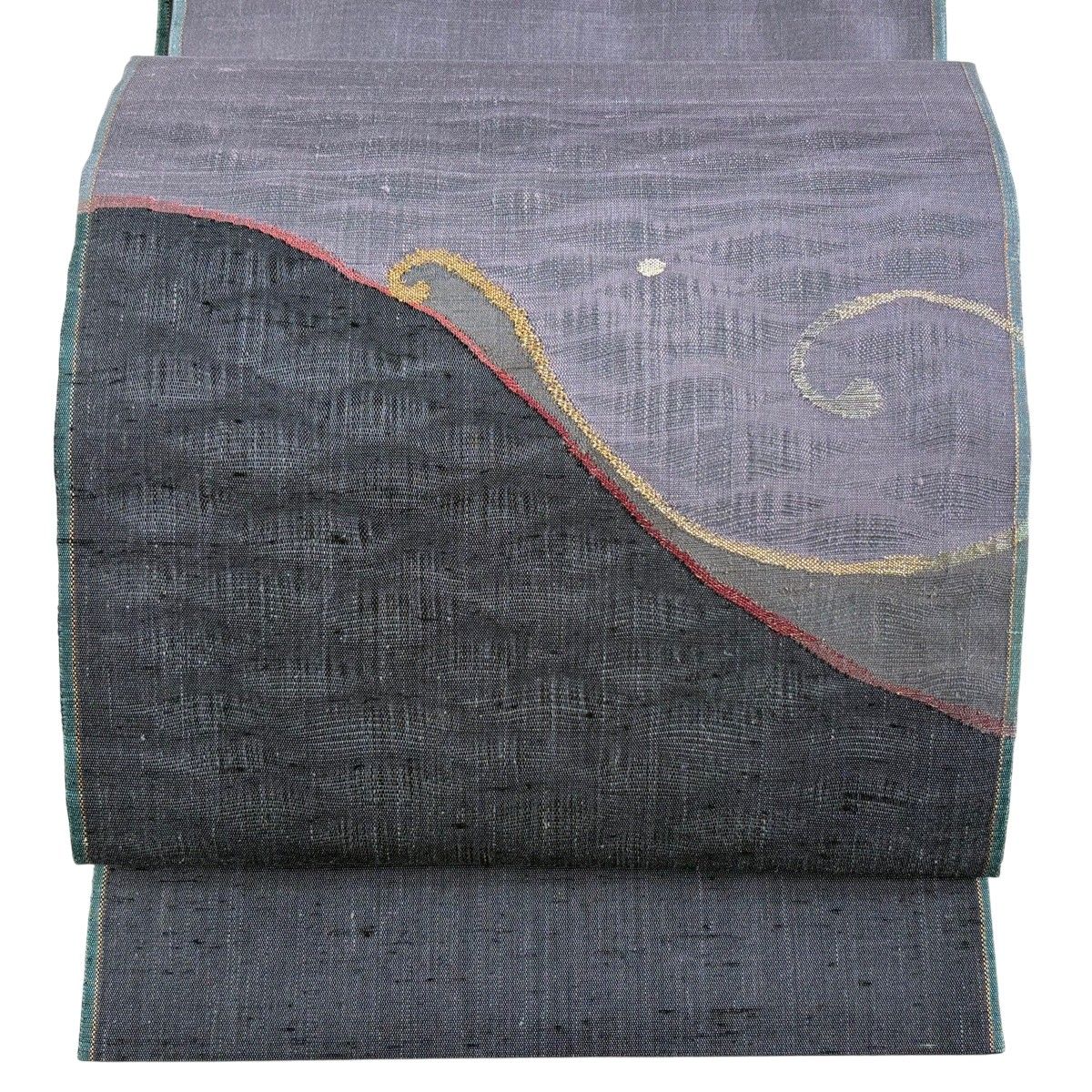 【美品】 袋帯 秀品 波浪水彩文 金糸 青灰色 お太鼓柄 正絹 【中古】