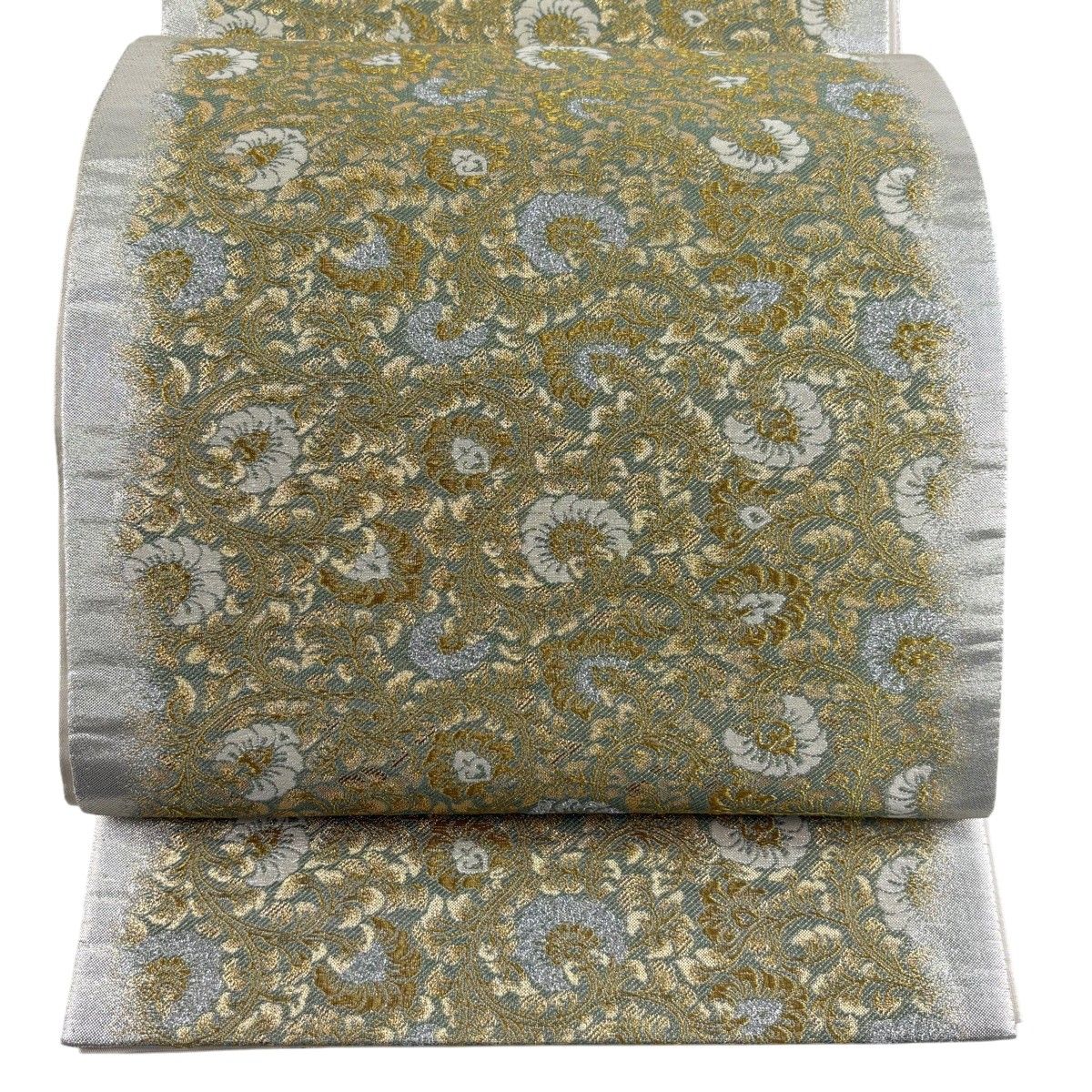 【美品】 袋帯 秀品 花唐草 金糸 箔 灰緑 六通 正絹 【中古】