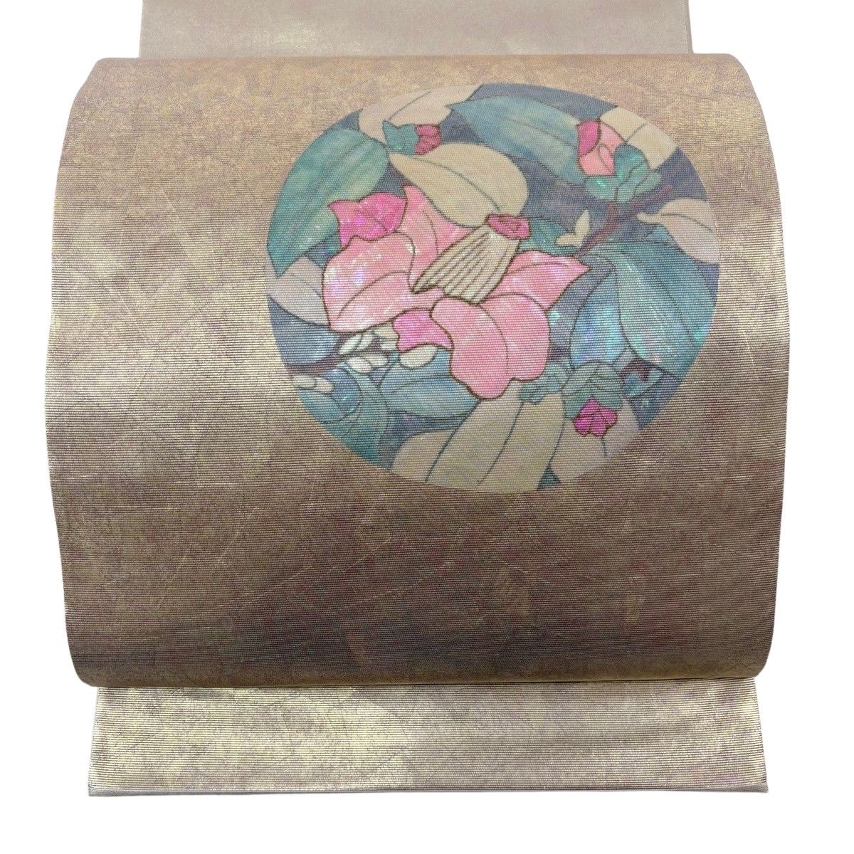 【美品】 袋帯 秀品 関西仕立て 椿 丸文 螺鈿箔 金色 お太鼓柄 正絹 【中古】
