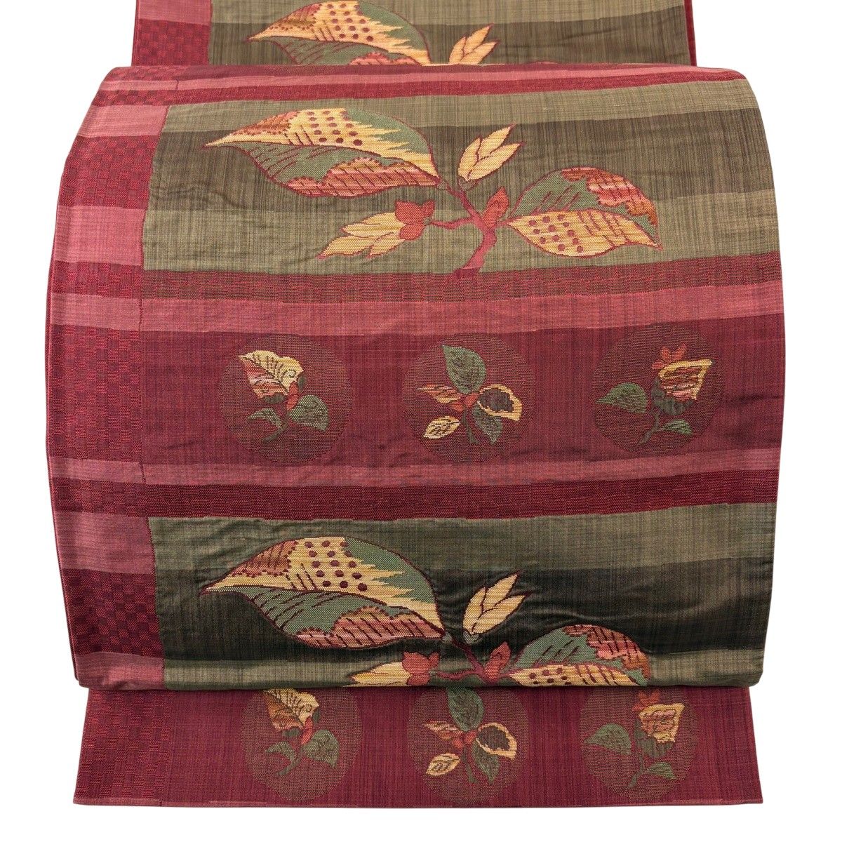 【美品】 袋帯 秀品 陶漆 枝花 段縞 えんじ色 六通 正絹 【中古】 6,600円