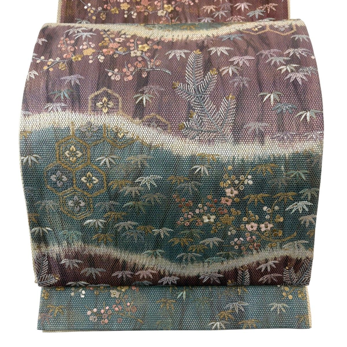 【美品】 袋帯 秀品 松竹梅 亀甲 金糸 箔 灰緑 六通 正絹 【中古】