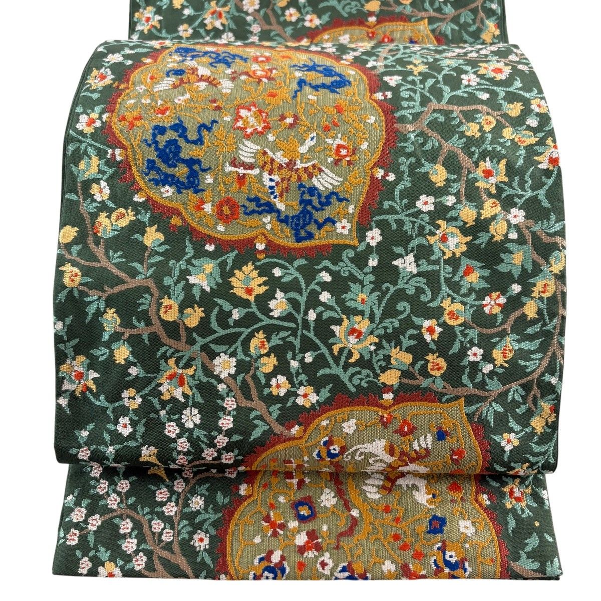 袋帯 名品 川島織物 落款 枝花 鳳凰 緑 六通 正絹 【中古】
