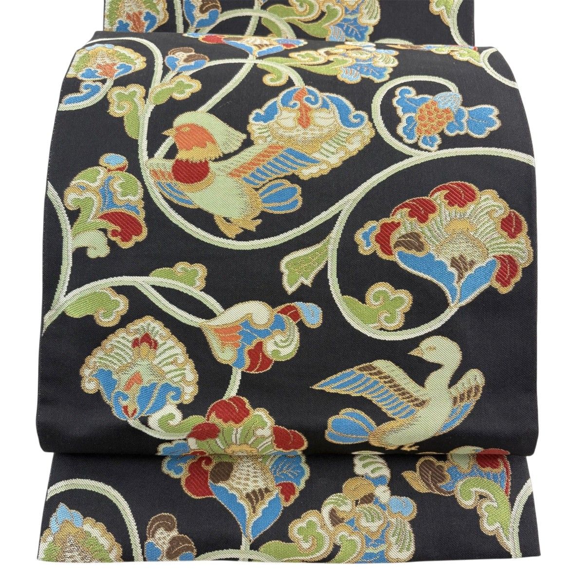 【美品】 袋帯 名品 川島織物 落款 本袋 花唐草 鳥 金糸 箔 黒 六通 正絹 【中古】