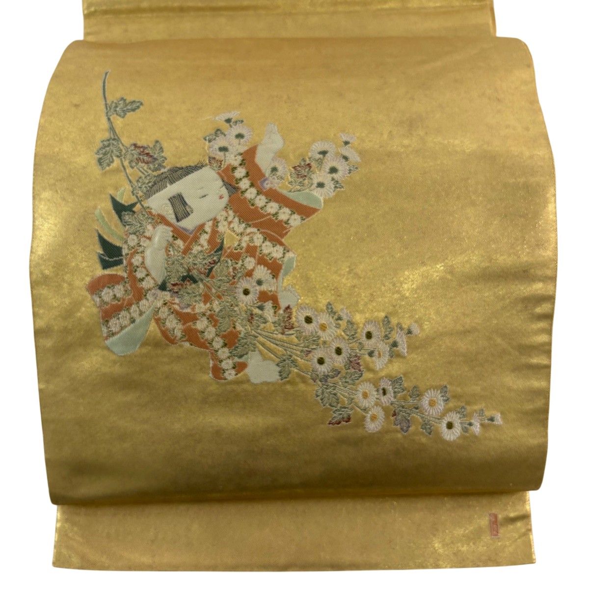 袋帯 名品 由水十久 落款 童 菊 箔 金色 お太鼓柄 正絹 【中古】 10,350円
