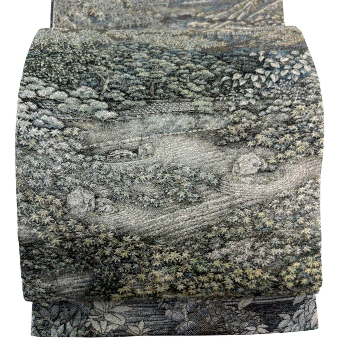 【美品】 袋帯 名品 風景 枯山水 灰緑 お太鼓柄 正絹 【中古】