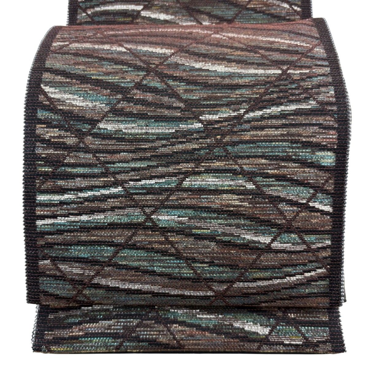 【美品】 袋帯 名品 幾何学 箔 焦茶色 六通 正絹 【中古】