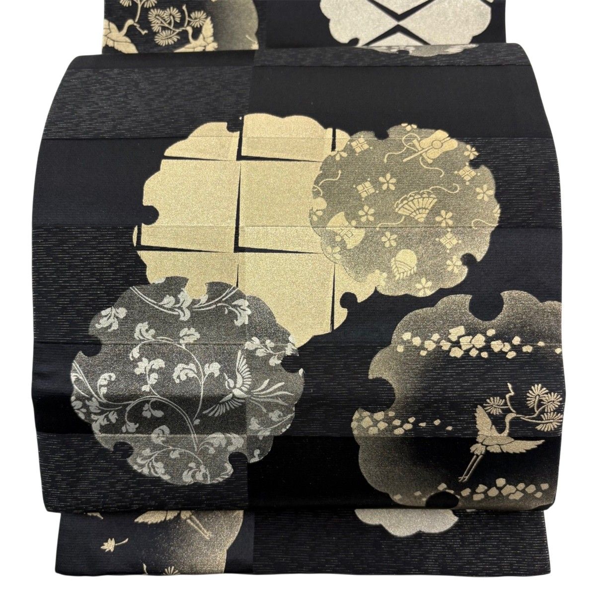 【美品】 袋帯 名品 落款 一期一会 雪輪 鶴 金銀彩 金糸 黒 六通 正絹 【中古】