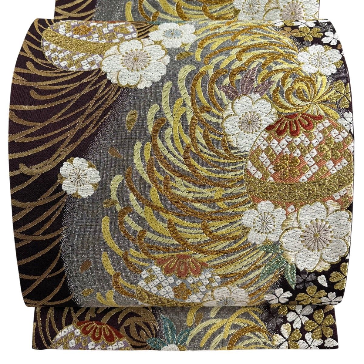 【美品】 袋帯 秀品 乱菊 手鞠 桜 金糸 箔 茶紫 六通 正絹 【中古】