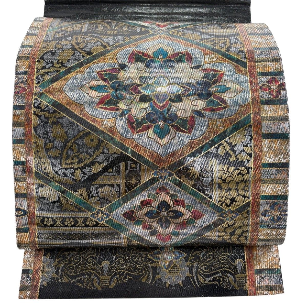 【美品】 袋帯 秀品 華文 菱 箔 黒 お太鼓柄 正絹 【中古】