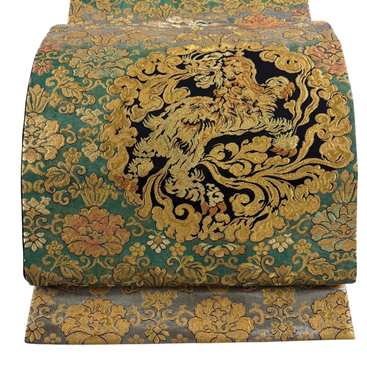 【美品】 袋帯 秀品 唐花雲龍文 草花 金銀糸 箔 緑 六通 正絹 【中古】