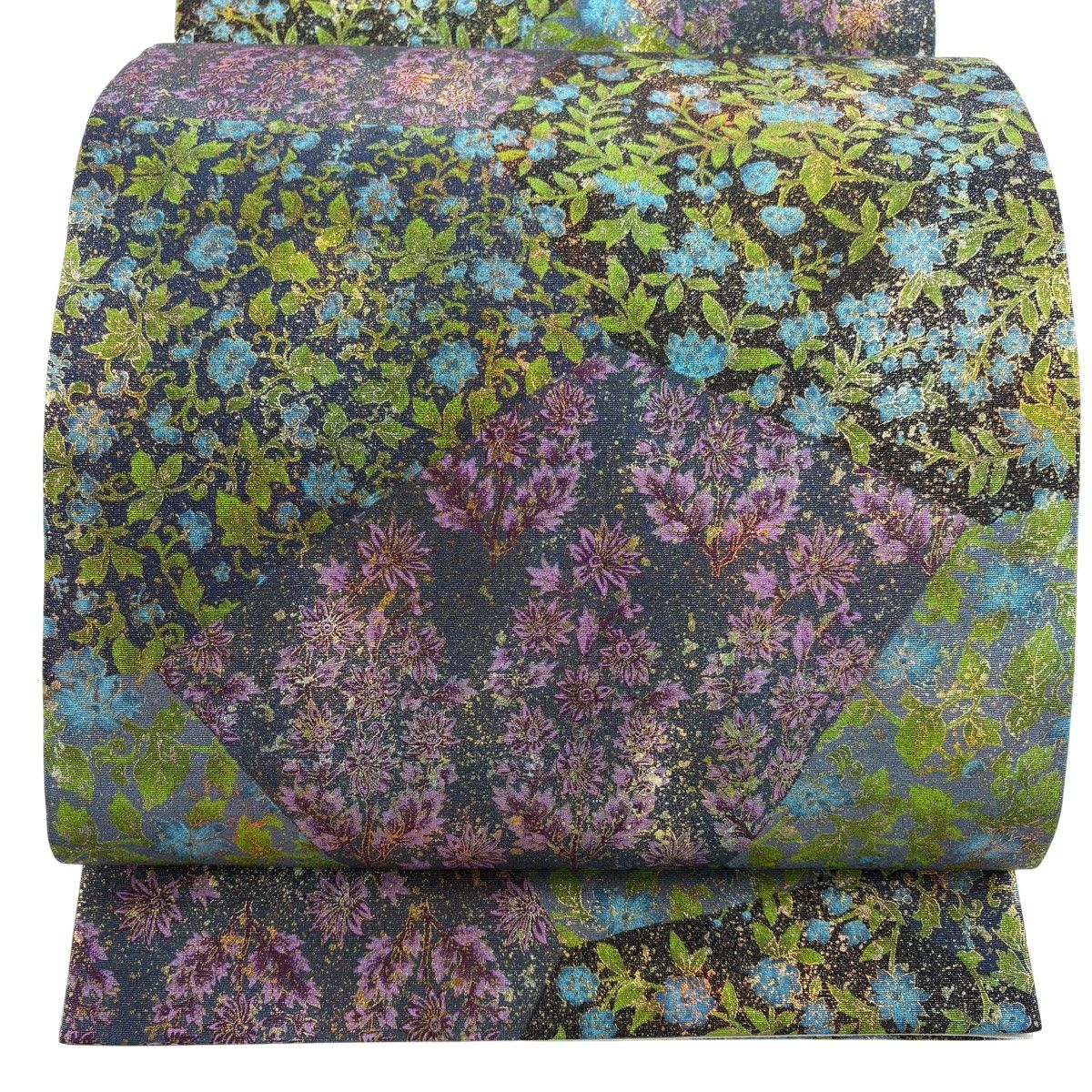 【美品】 袋帯 秀品 証紙 紬地 草花 寄せ柄 金彩 紫 全通 正絹 【中古】