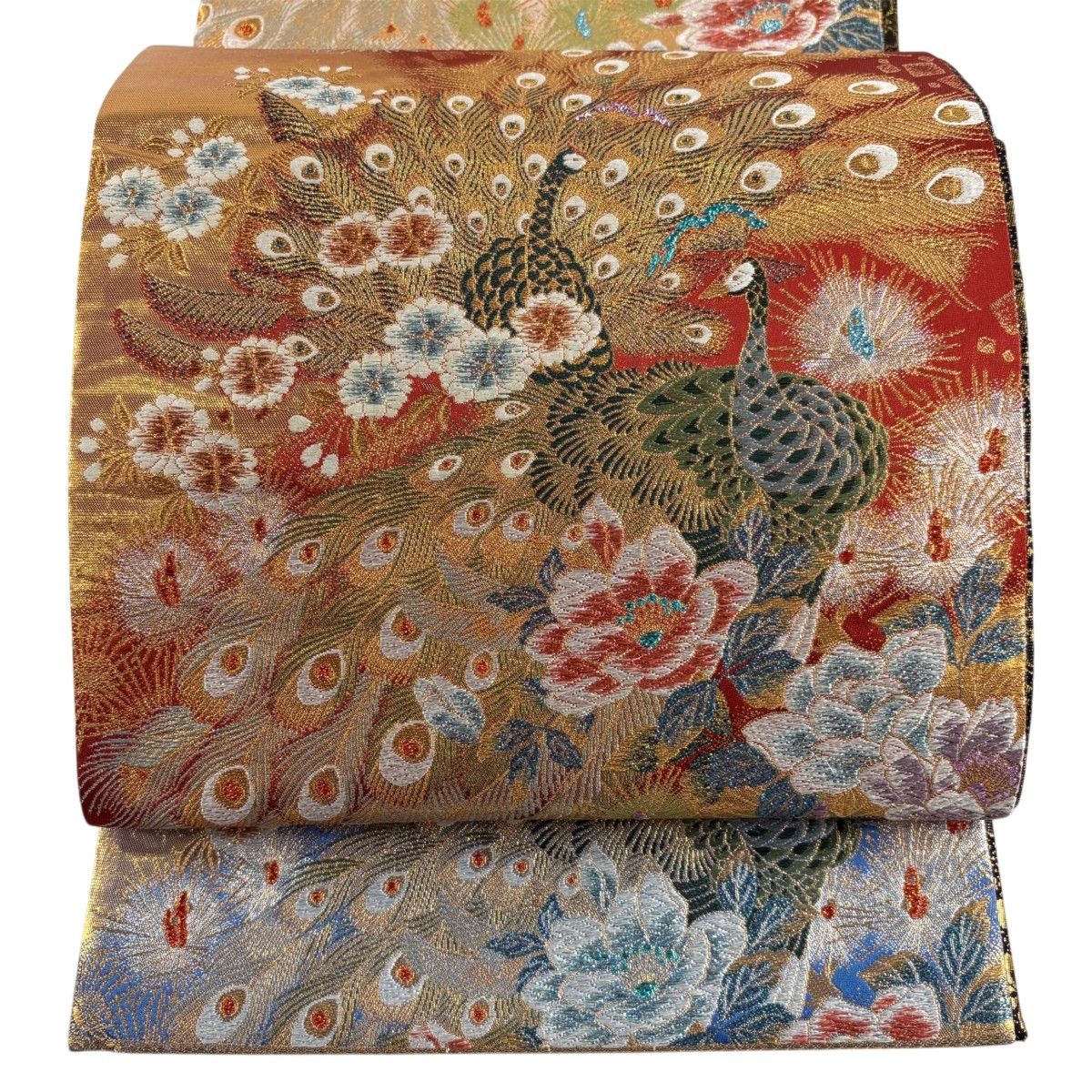 【美品】 袋帯 秀品 孔雀 草花 金糸 箔 赤 六通 正絹 【中古】