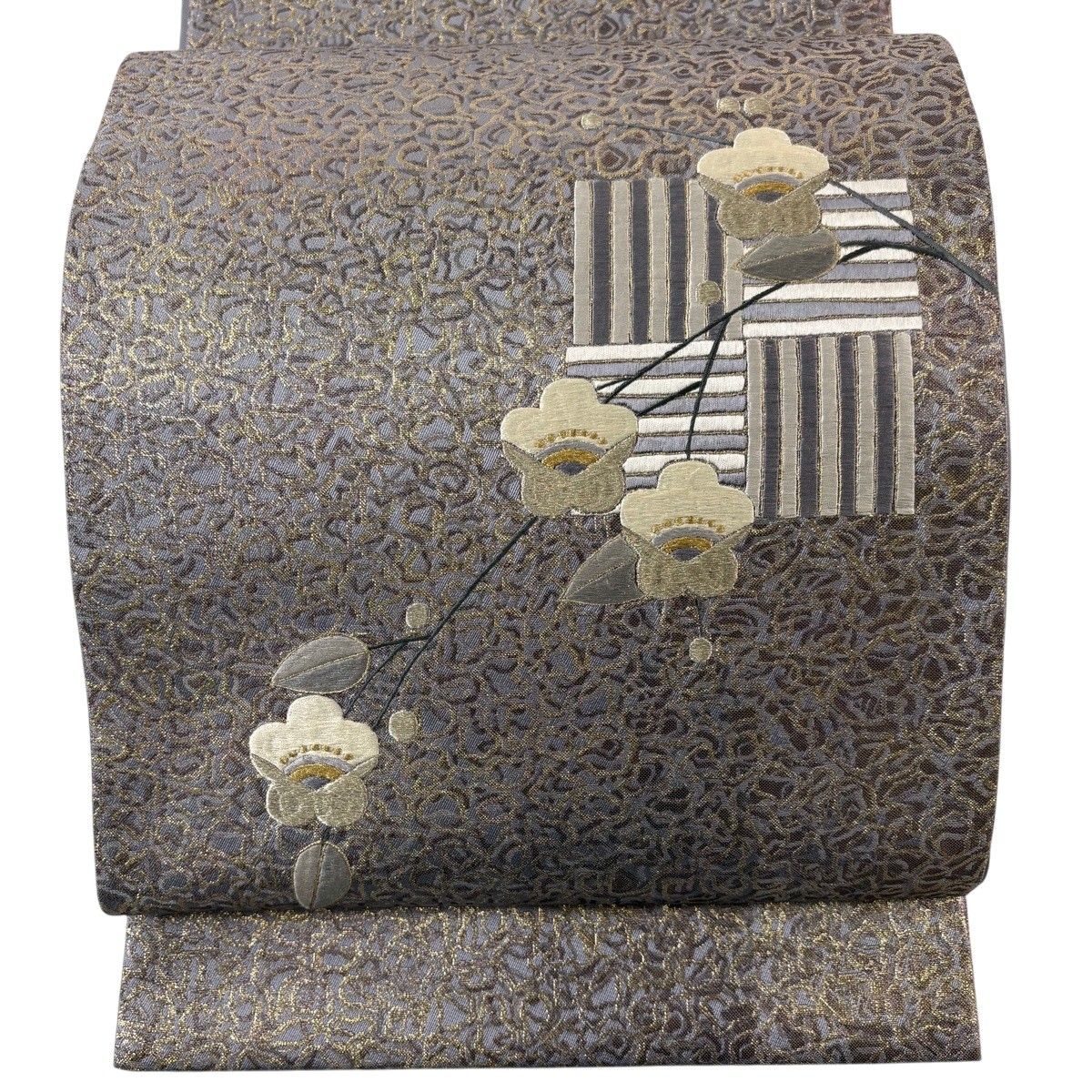 【美品】 袋帯 秀品 梅 幾何学 金銀糸 箔 灰紫 お太鼓柄 正絹 【中古】