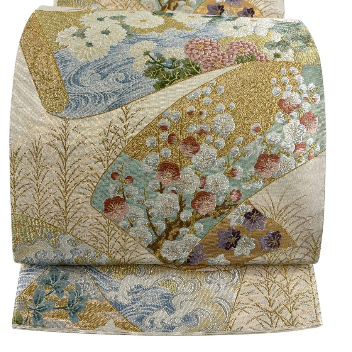 【美品】 袋帯 秀品 菊 枝梅 金銀糸 箔 ベージュ 六通 正絹 【中古】 6,688円