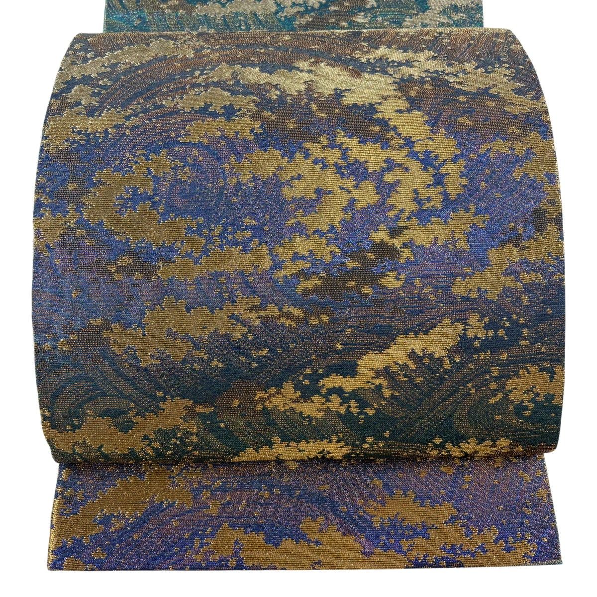 【美品】 袋帯 逸品 佐波理 落款 新佐波理綴 渦潮画 箔 金糸 青紫 お太鼓柄 正絹 【中古】
