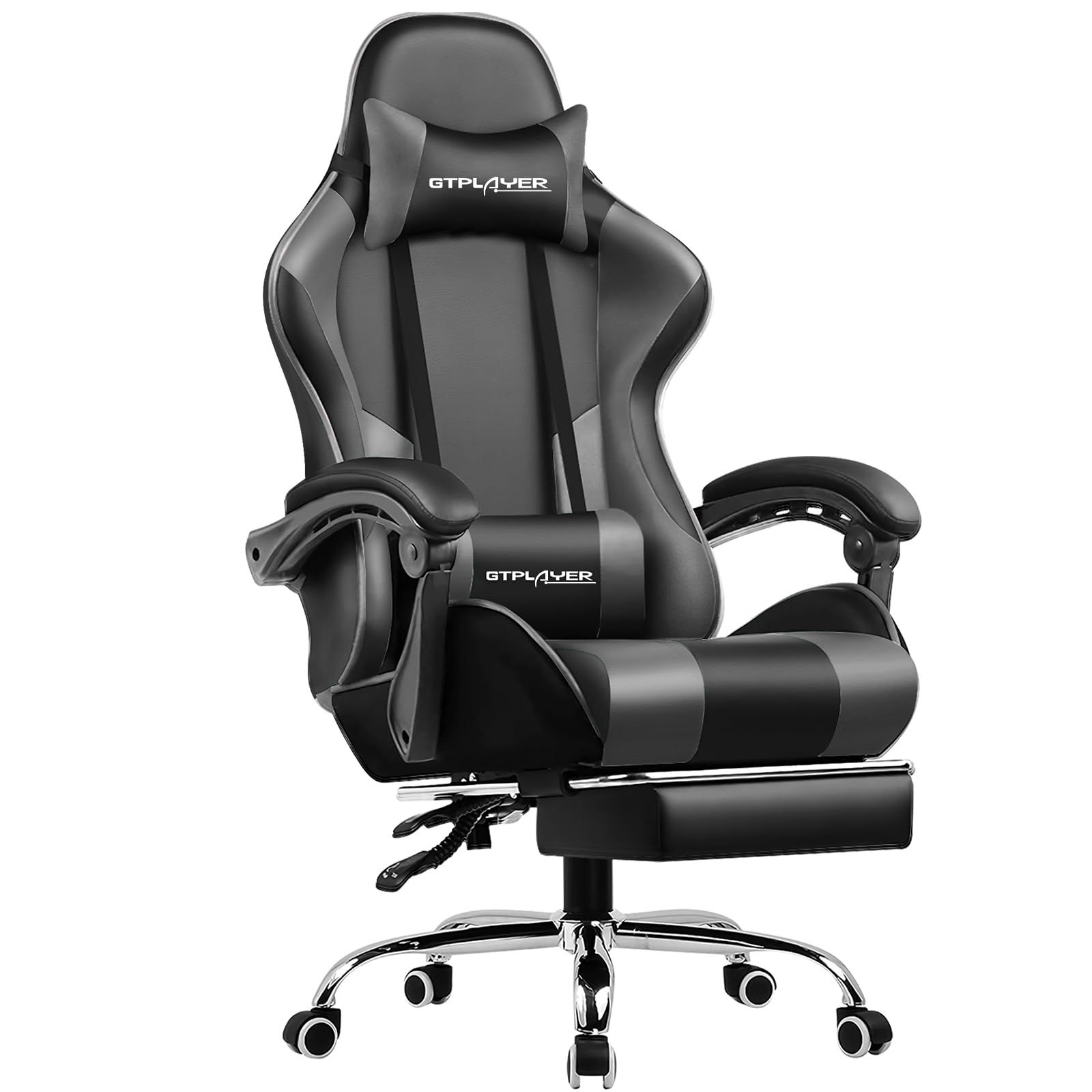 GTPLAYER ゲーミングチェア オットマン付 ハイバック PUレザー 気孔付 ブラック PL800-GRAY デスクチェア オフィスチェア テレワーク 椅子 パソコンチ【04light grey】