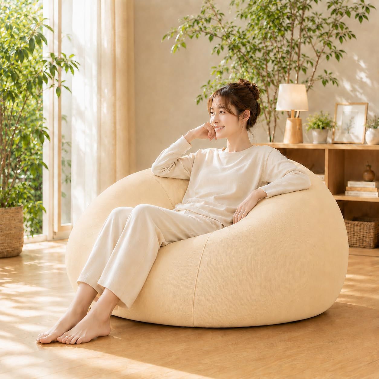 ビーズクッション 特大 120x100cm 一人掛け ビーズソファ 体にフィット 取っ手付き 洗えるカバー (アイボリー, X-Large) | 人をダメにする クッションソファ やわらかい 軽量