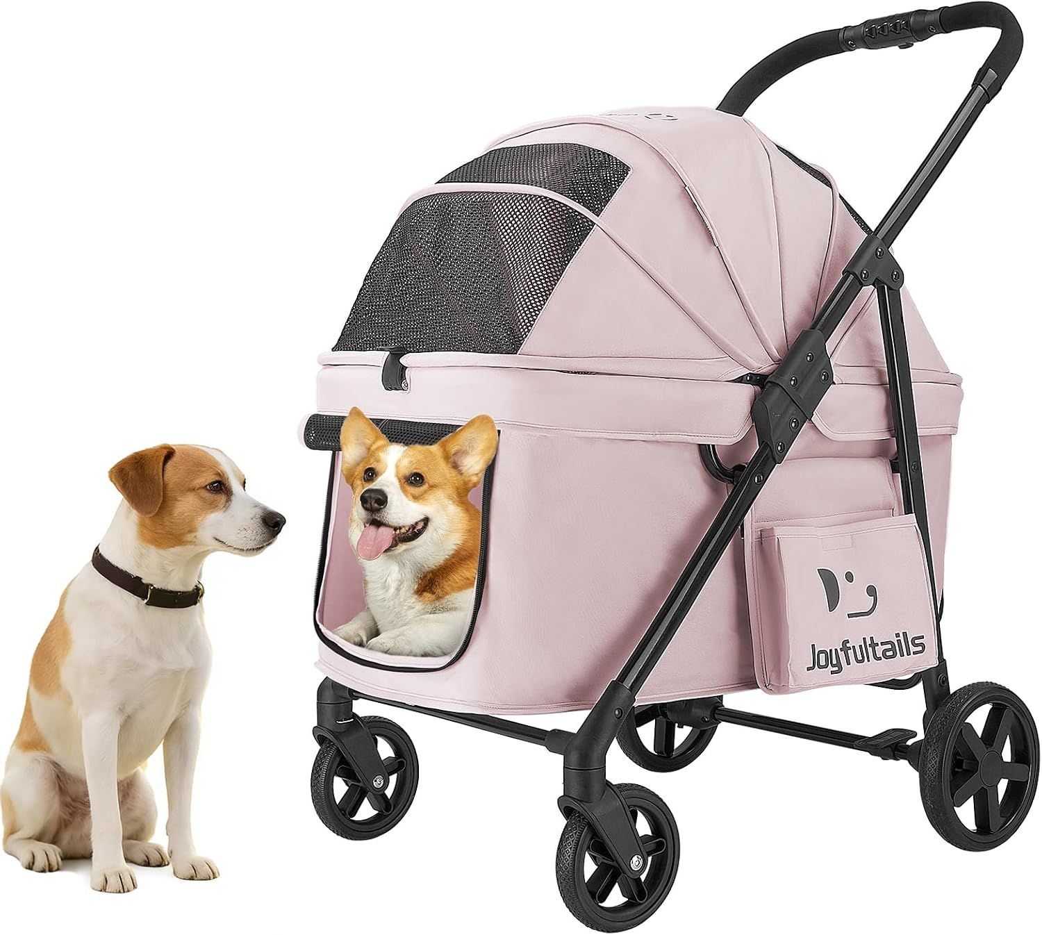Joyfultailsペットカート中型犬多頭用耐荷重20kg低床設計4輪ピンクワンタッチ折りたたみドッグカート前輪360度回転後輪ブレーキ