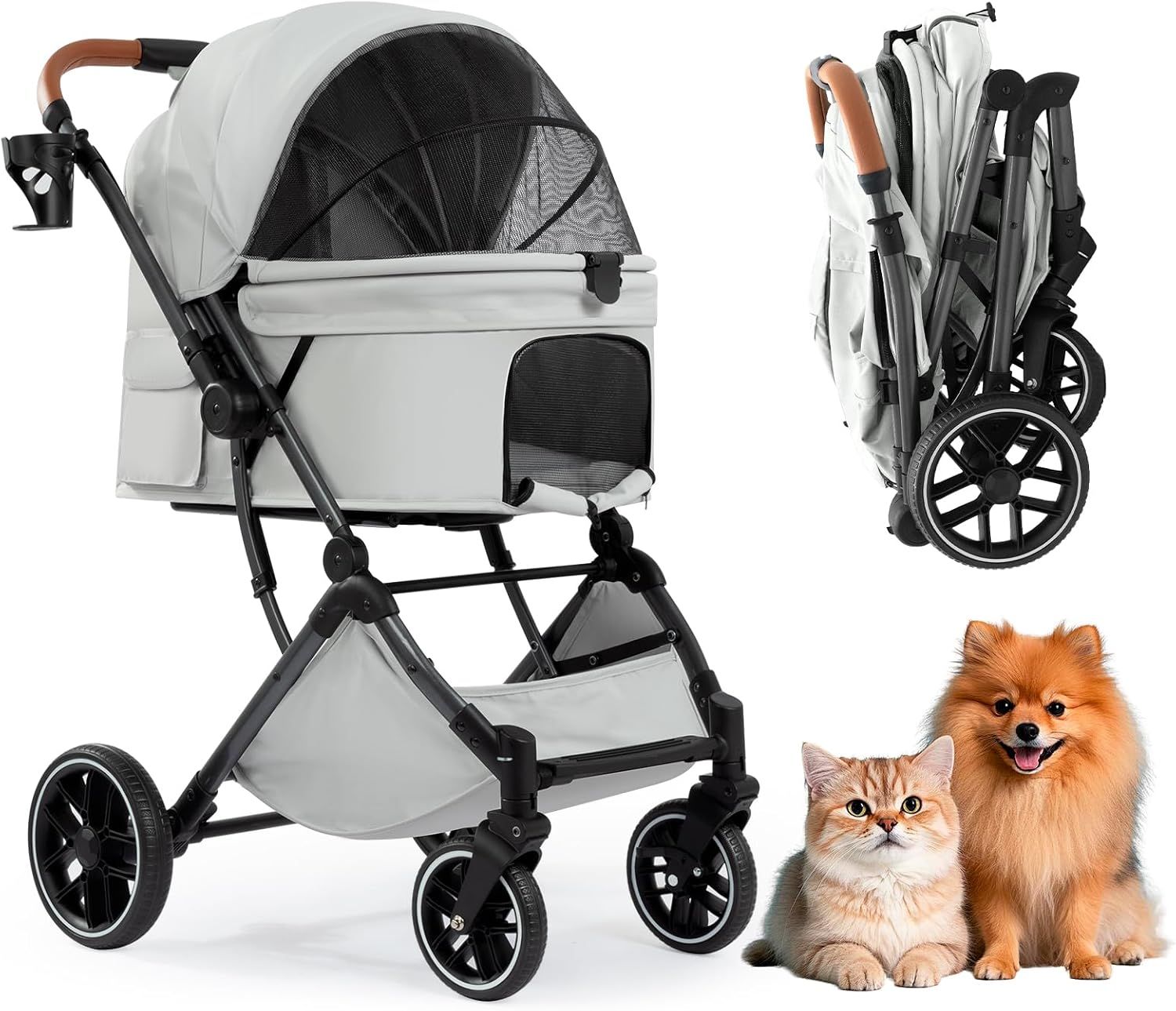 一体型ペットカート 多頭の小型犬 猫 中型犬一匹用 軽量 両対面式 オールシーズン 広々室内 自立式 4 輪ペットカート ワンタッチ折り畳み 前後輪ブレーキ付き 飛び出し防止 通気性 組み立て簡単