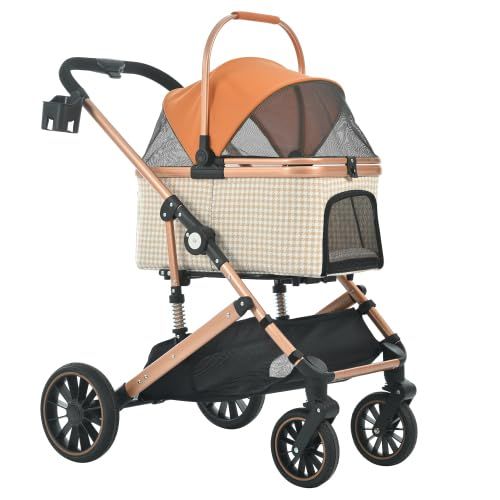 BTMペットカートLサイズ分離式2way折りたたみ多頭中型小型犬フルオープン4輪アルミ製軽量ストッパー付ダンパー付組立簡単犬カートペットバッグゴールドピンクチドリ柄