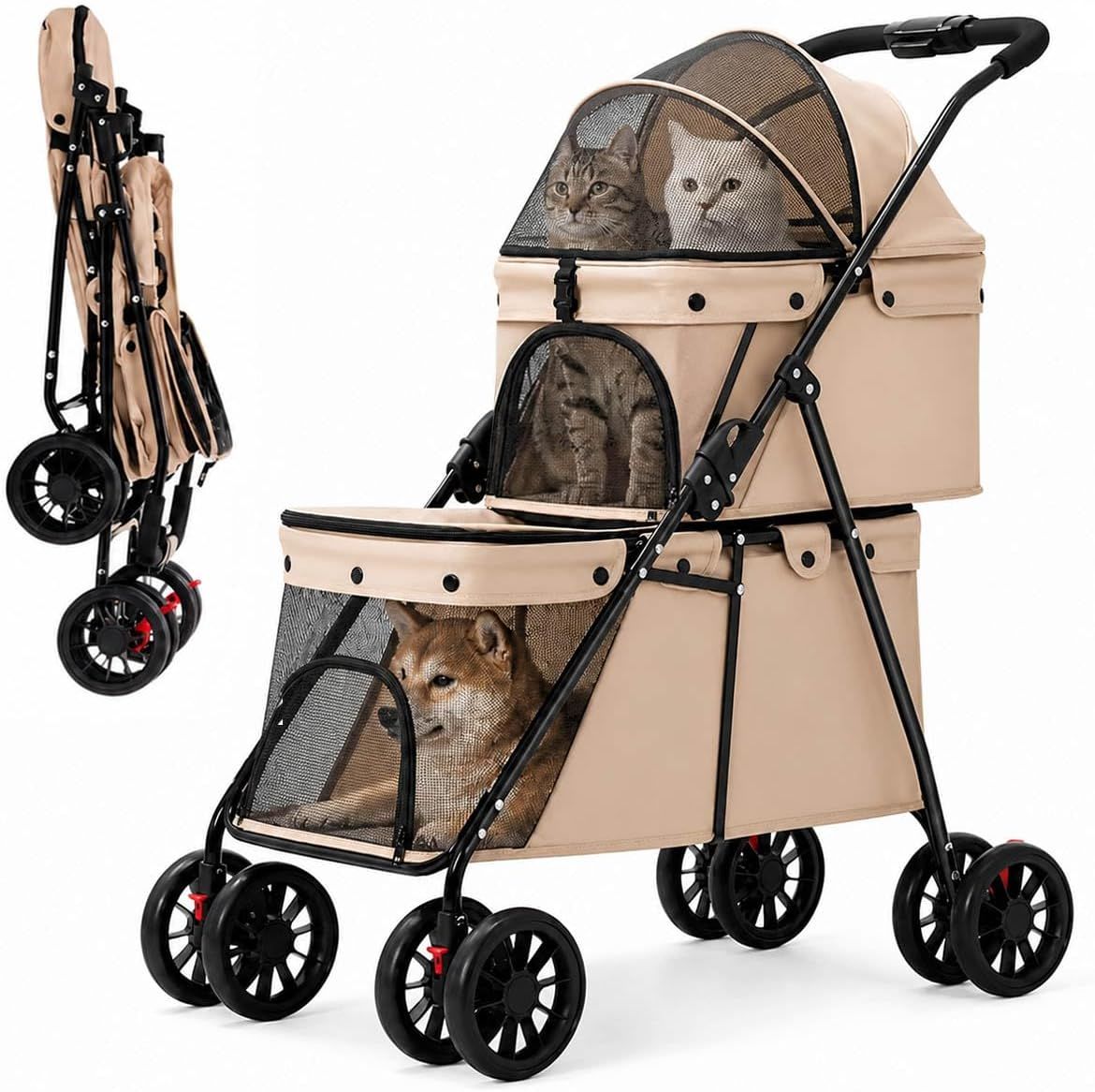 MODONGペットカート2段式多頭用軽量5.7kg犬猫カート独立空間前輪360°回転後輪ブレーキ付通気性抜群介護散歩通院 10,542円