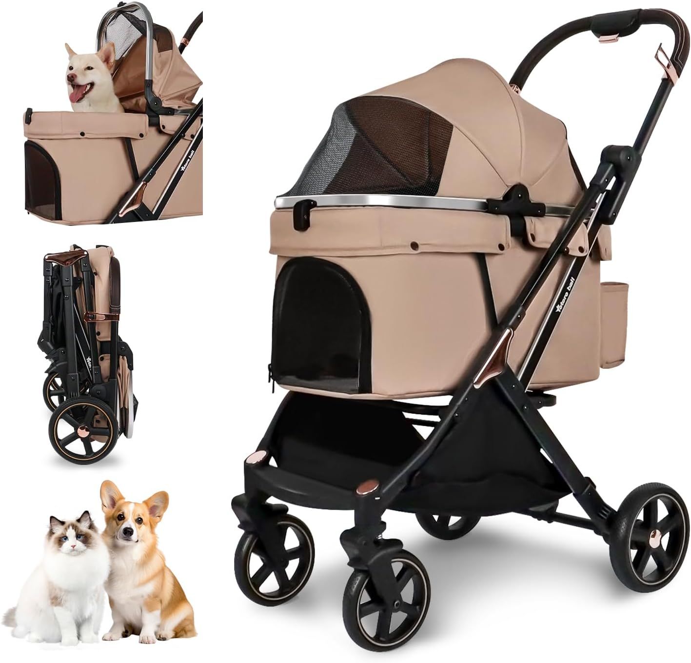 Totoro ball ペットカート 犬 バギー 4輪 犬用カート 中型犬 小型犬2匹 猫 飛び出し防止リード2本付き 耐荷重30Kg 一体型 ワンタッチ折り畳み コンパクト收纳 自立式 広い空間