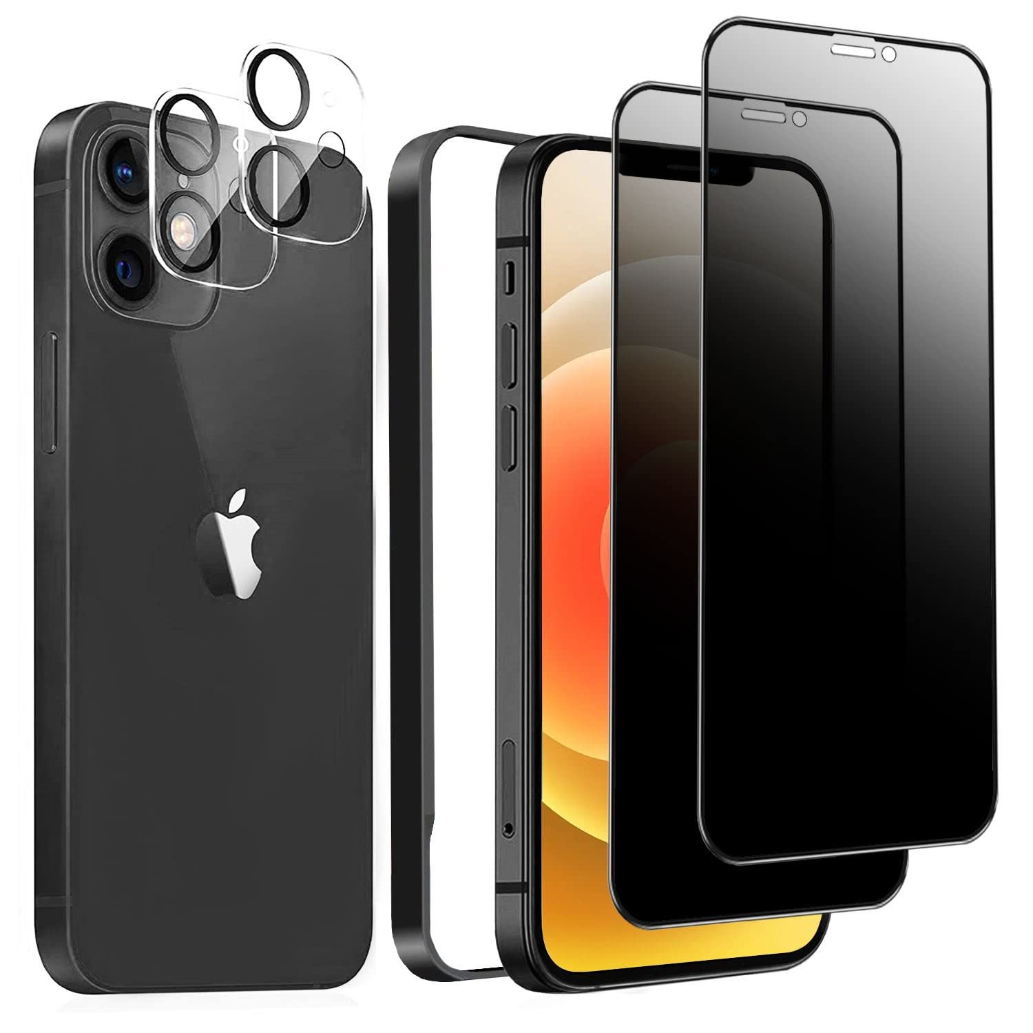 DZHFU 28° Anti-Peeping Glass Film for iPhone 12 with 2 Full Side Invisible Protective Films+2 Lens Films with Guide Frames