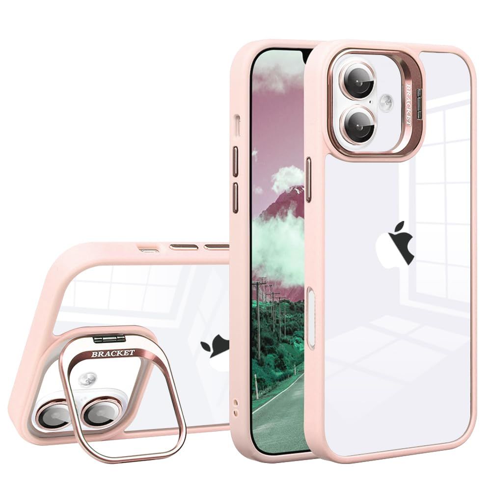 JOOBOY Smartphone Case Compatible iPhone 16 Case Clear Clear Lens Stand with Stand Function Lens Cover Back+TPU Bumper Stylish Shockproof Strap Holes iPhone 16 Cell Phone Case (Pink, 16)