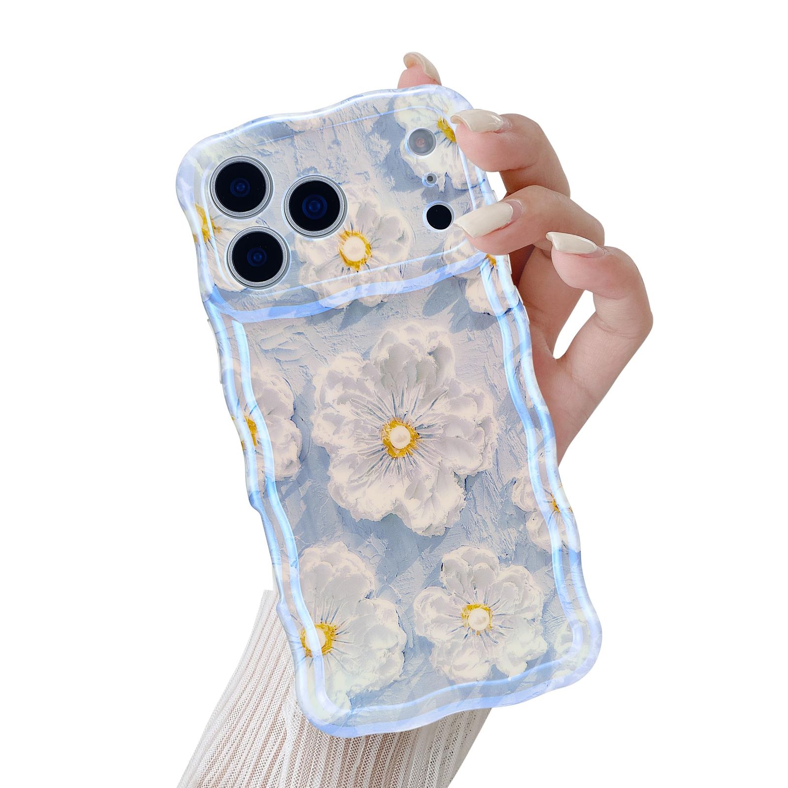 QLTYPRI iPhone 17 Pro Case TPU Cover Stylish Korean Cute Floral Wave Thin Lightweight Shockproof Smartphone Case Wireless Charging Compatible Strap Hole Compatible iPhone 17 Pro Case Compatible with 6.3 inch - Light Blue