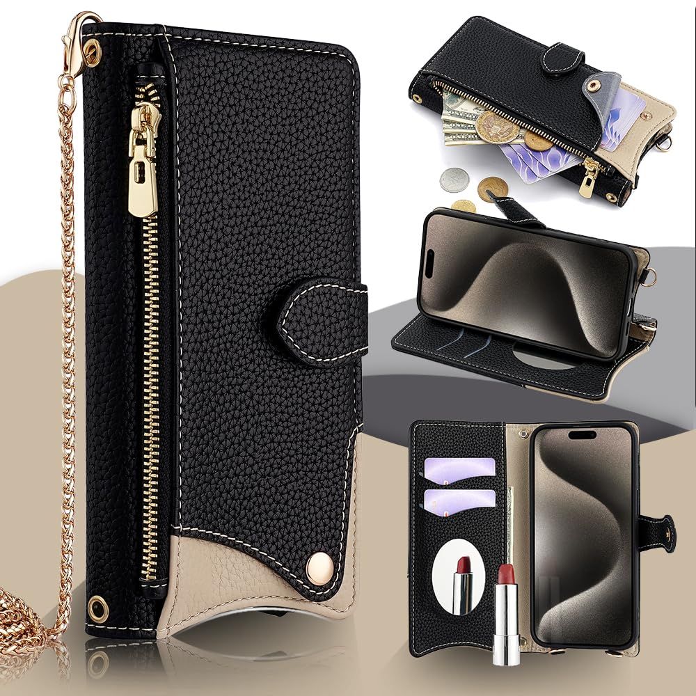 QANKISIS iPhone 15pro Case, Notebook Type, Wallet Type Cover, iPhone 15 Pro Case, Magnetic Closure, IPhone 15 Pro Leather Cover with Mirror, Coin Purse, Magnetic Makeup Mirror, Card Storage, Crossbody Strap, Neck Hanging P...