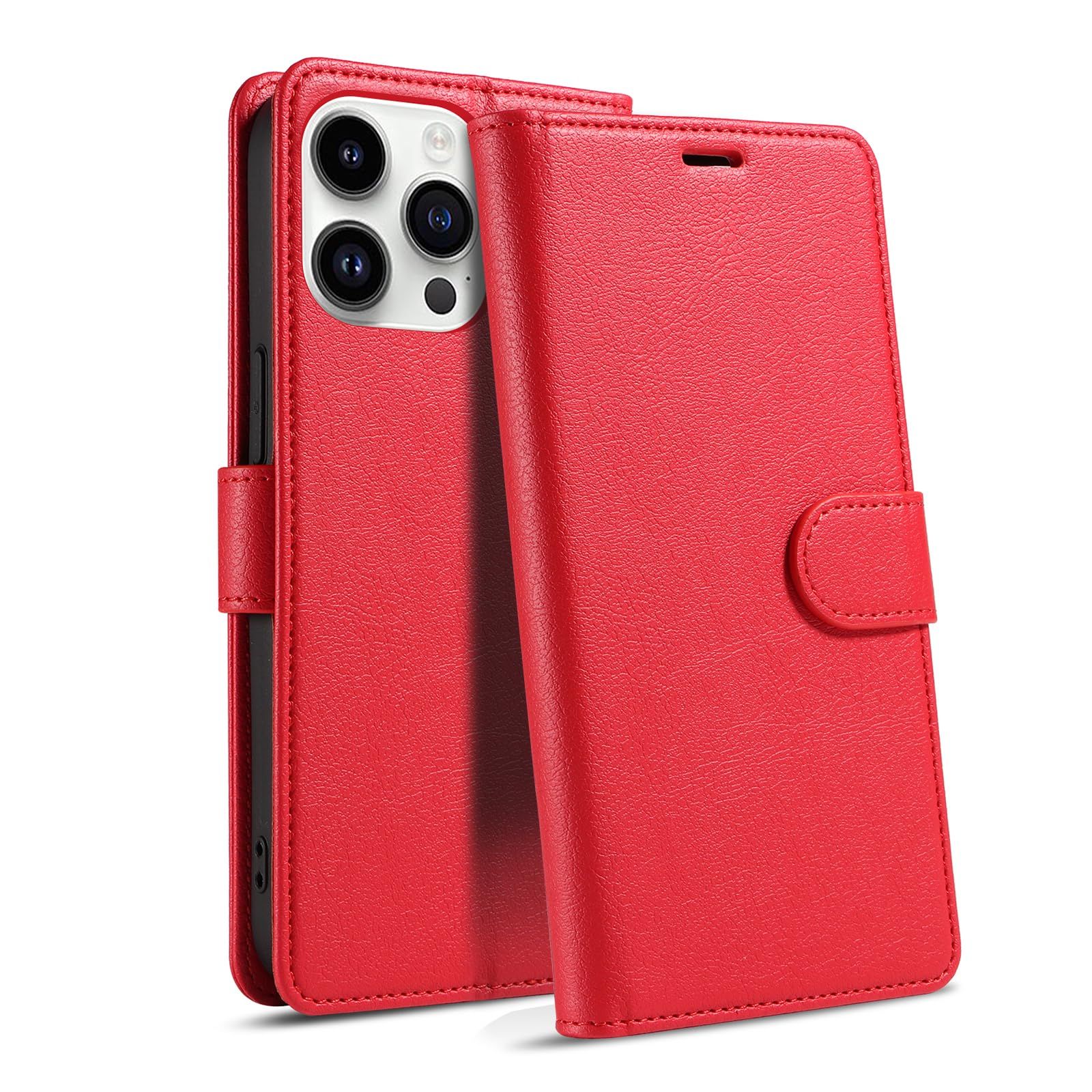 QUEASON iPhone 12promax Case, Notebook Type, iPhone 12promax Case Stand Function, PU Leather [Red]