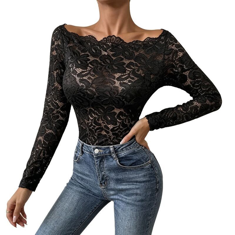 【送料無料】 クリアフラワー レディース シャツ トップス Womens Off The Shoulder Floral Lace Top Long Sleeves Sheer Casual Blou