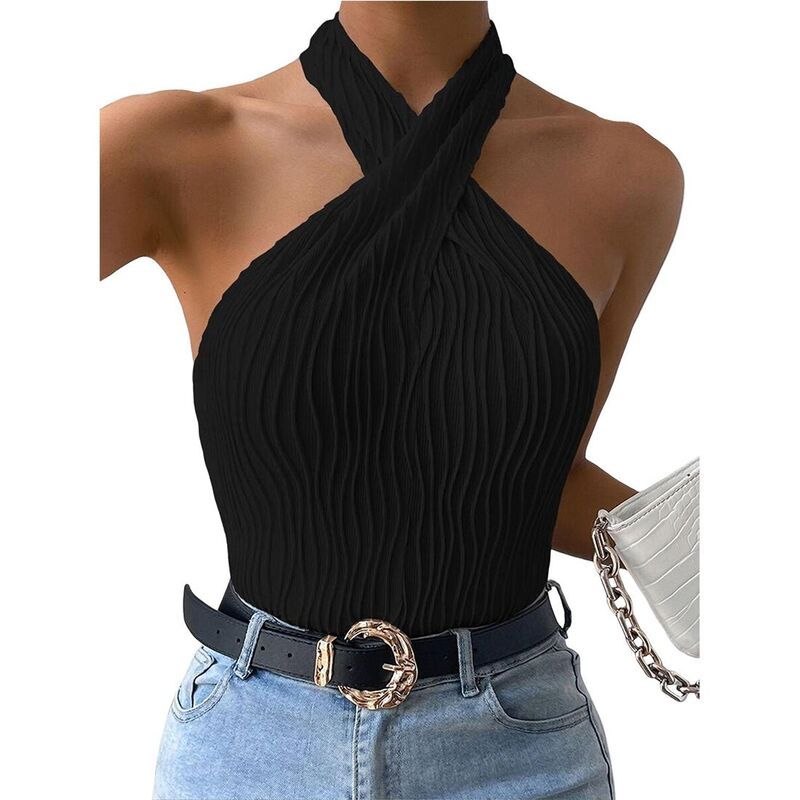 【送料無料】 エリートスピリット レディース Tシャツ トップス Womens Chic Halter Neck Top Design with Textured Fabric and Sleevel