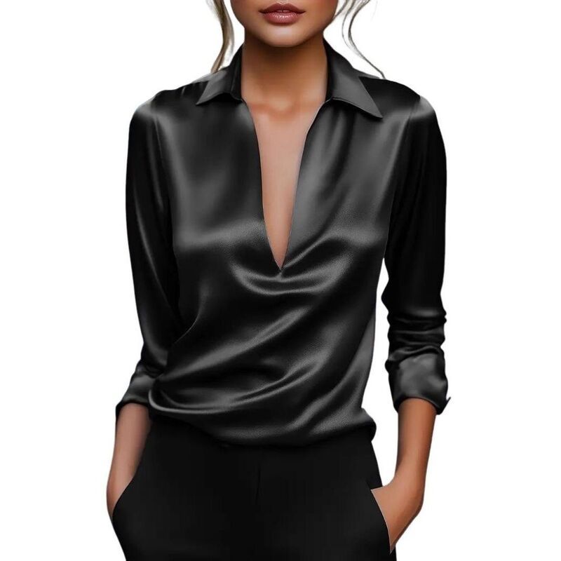 【送料無料】 イエスファッション レディース シャツ トップス Womens Elegant Deep V Neck Collar Satin Blouse Long Sleeve Work Shir 9,840円