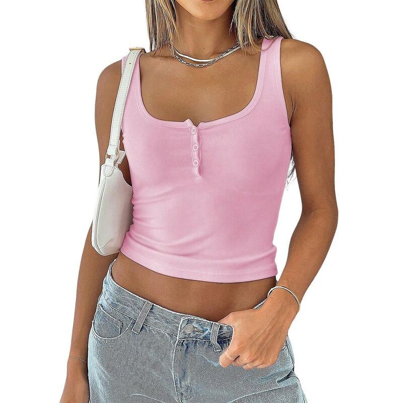 【送料無料】 ジョイジョイ レディース Tシャツ トップス Womens Square Neck Button Ribbed Tank Top Slim Fit Cropped Sleeveless