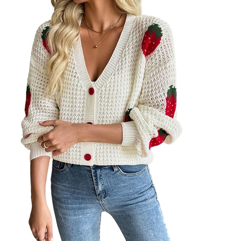 【送料無料】 クリアフラワー レディース ニット・セーター アウター Womens Jacquard Knit Cardigan V Neck Button Down Cropped Sweater