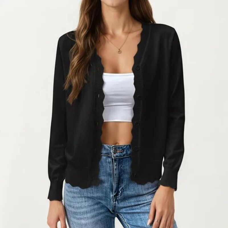 【送料無料】 アンナカシ レディース ニット・セーター アウター Womens Long Sleeve Button Front Cardigan with Scalloped Edge Crew N