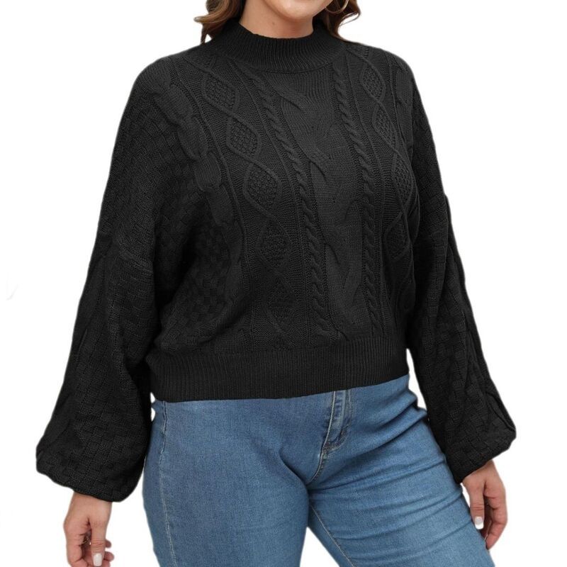 【送料無料】 イエスファッション レディース ニット・セーター アウター Womens Plus Size Lantern Sleeve Cable Knit Sweater Crew Neck Ca