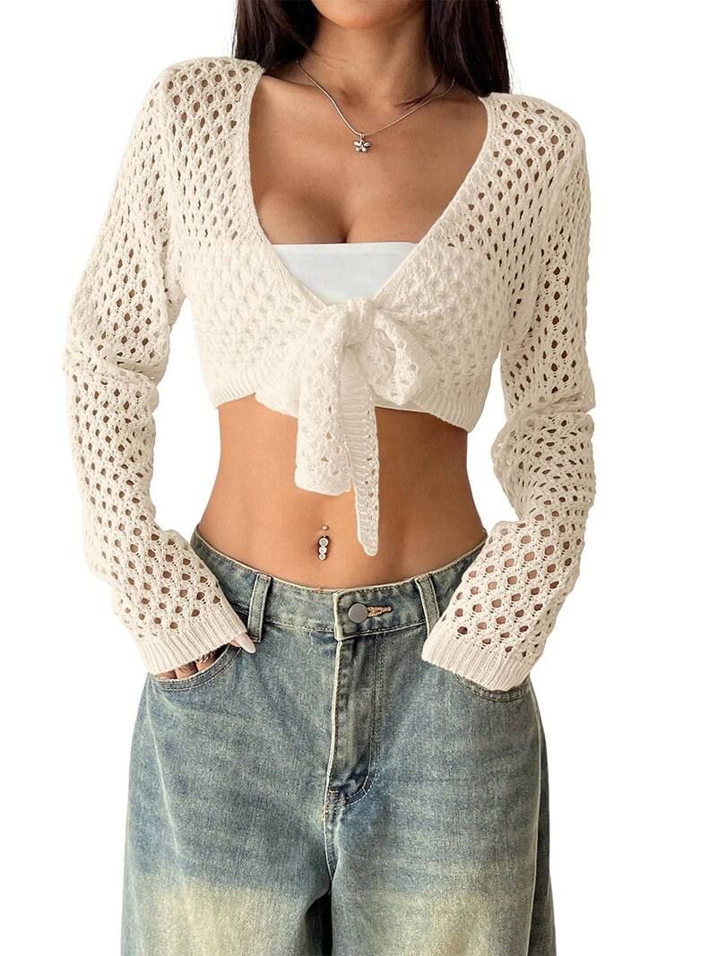 【送料無料】 エリートチョイス レディース ニット・セーター アウター Womens Casual Crochet Knit TieFront Cropped Long Sleeve Top Apri 8,865円