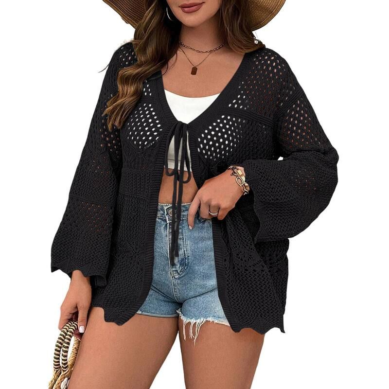【送料無料】 セオリア レディース ニット・セーター アウター Womens Plus Size Lightweight Cardigan Bell Sleeve Tie Front Knit Cov 10,636円
