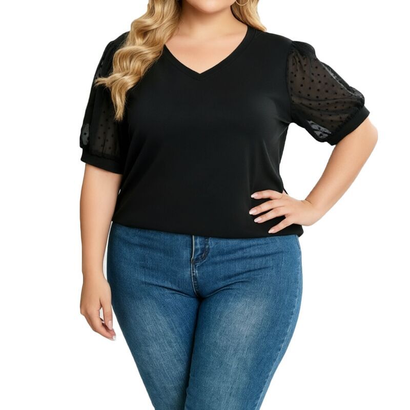 【送料無料】 クリアフラワー レディース シャツ トップス Plus Size Womens V Neck T Shirt Puff Short Sleeve Mesh Swiss Dot Blous