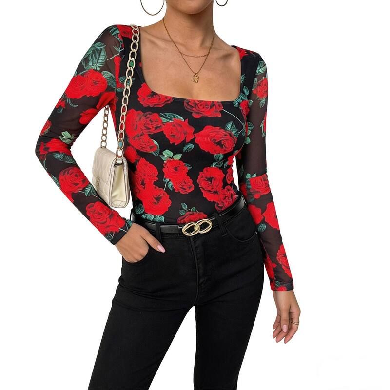 【送料無料】 クリアフラワー レディース シャツ トップス Womens Rose Print Mesh Top Square Neck Long Sleeve Sheer Blouse for Ca