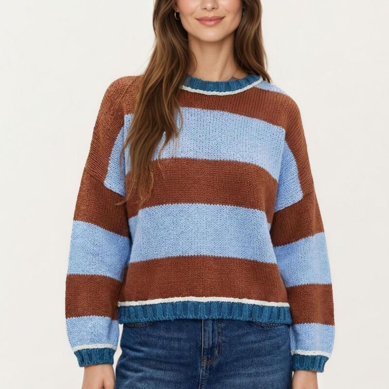 【送料無料】 アンナカシ レディース ニット・セーター アウター Womens Striped Knit Sweater with Color Block Design Ribbed Trim and