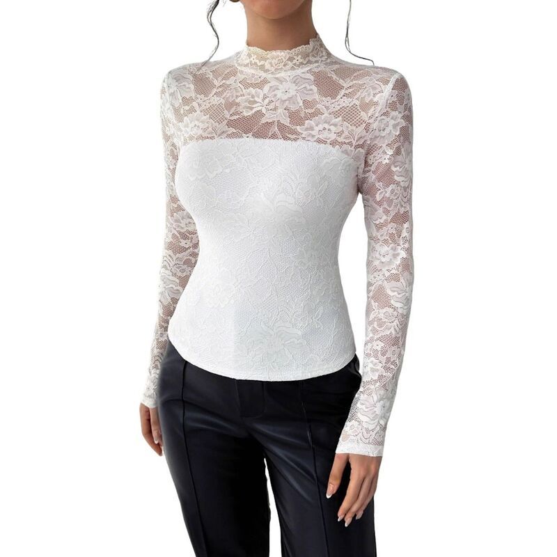 【送料無料】 クリアフラワー レディース シャツ トップス Womens Mock Neck Sheer Floral Lace Top Long Sleeve Blouse Elegant Semi