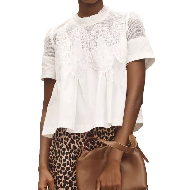 【送料無料】 クリアフラワー レディース シャツ トップス Women Lace Mesh Peplum Blouse Short Sleeve Mock Neck Babydoll Top Whit